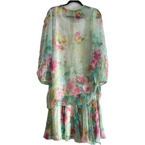Vintage Ursula of Switzerland floral pastels chiffon dress tiered Sz 8 MOB MED